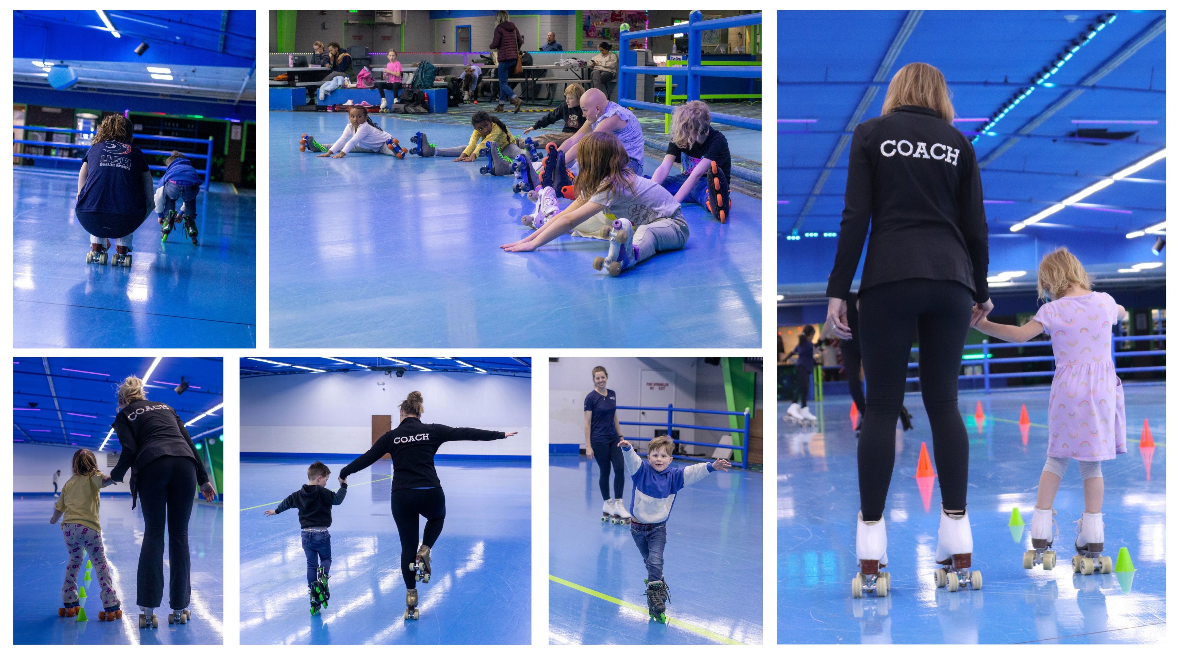 Artistic roller skating, learn to roller skate class, Denver, Colorado, Lakewood, Coaches teaching student how to roller skate, families having fun roller skating, confidence roller skating, sports that build confidence, skating family, roller skating community, skills testing, roller skating skills, competitive roller skating, USARS Nationals championship, inline roller skating, roller skating is a sport, performance sport, Team sport