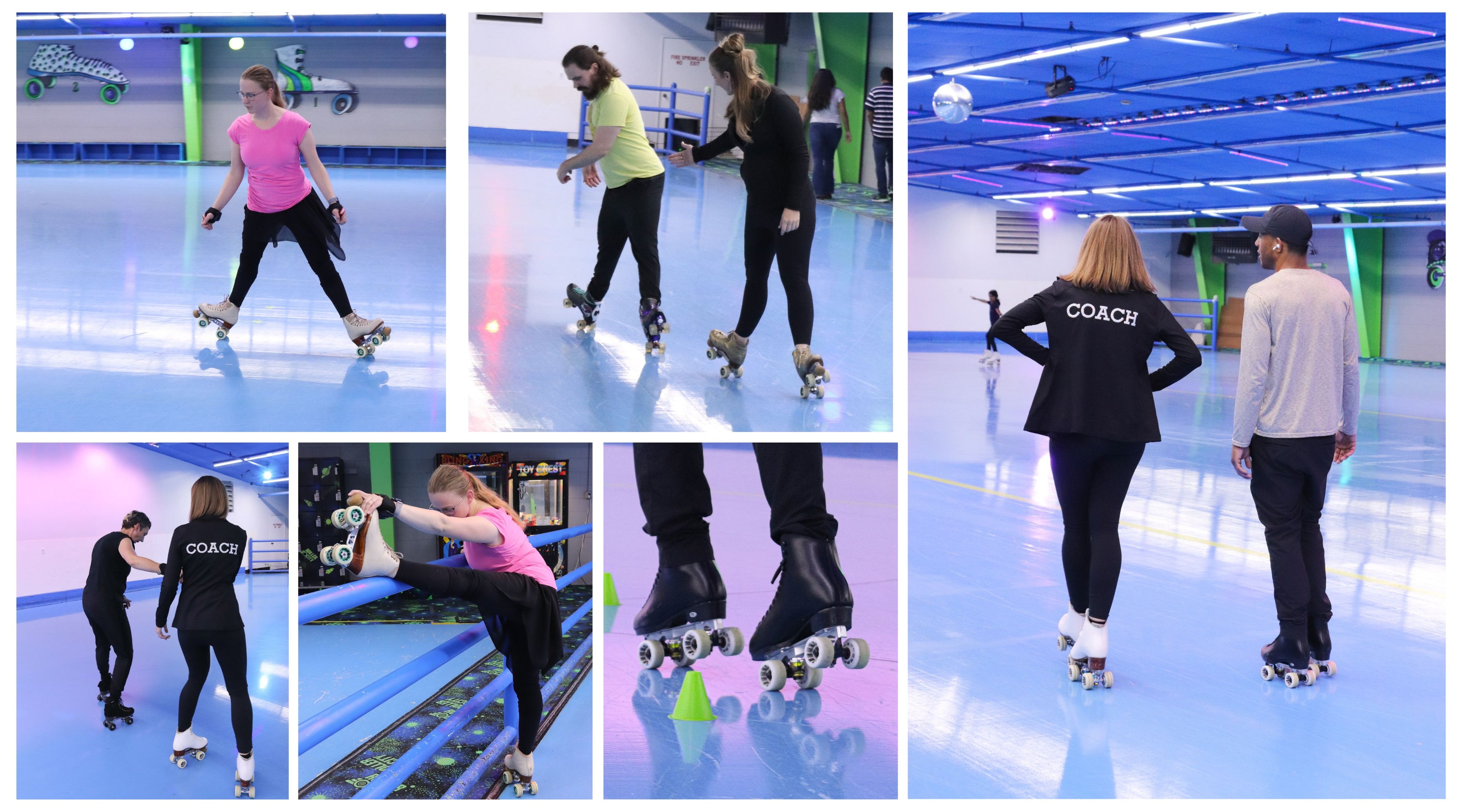 Artistic roller skating, learn to roller skate class, Denver, Colorado, Lakewood, Coaches teaching student how to roller skate, families having fun roller skating, confidence roller skating, sports that build confidence, skating family, roller skating community, skills testing, roller skating skills, competitive roller skating, USARS Nationals championship, inline roller skating, roller skating is a sport, performance sport, Team sport